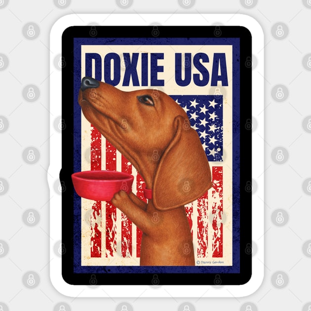 Doxie red white and blue patriot Dachshund with Red Bowl USA Sticker by Danny Gordon Art